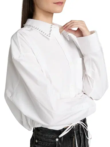 Alexander Wang Women's Studded Collar Drawstring Crop Shirt - White | Thumbnail 6