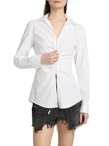 Alexander Wang Women's Gathered Zip-Front Stretch-Cotton Shirt - White | Thumbnail 3