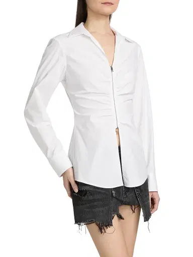 Alexander Wang Women's Gathered Zip-Front Stretch-Cotton Shirt - White | Thumbnail 4