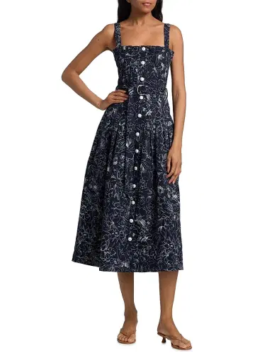 Cinq à Sept Women's Branwen Garden Doodle Denim Midi-Shirtdress - Navy White - Size 14 | Thumbnail 3