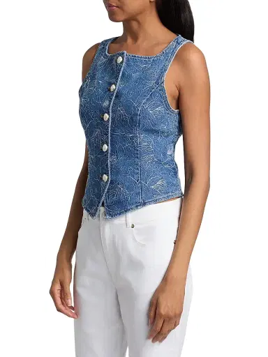 Cinq à Sept Women's Camen Garden Doodle Denim Vest - Salt Breeze White - Size XL | Thumbnail 4 Cinq à Sept Women's Camen Garden Doodle Denim Vest - Salt Breeze White - Size XL | Thumbnail 4