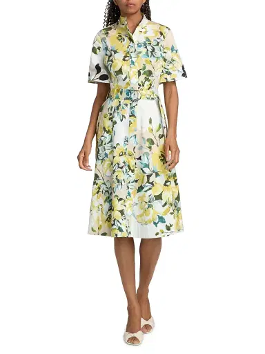 Teri Jon by Rickie Freeman Women's Floral Cotton Belted Shirtdress - Yellow Multi - Size 16 | Thumbnail 2