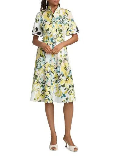 Teri Jon by Rickie Freeman Women's Floral Cotton Belted Shirtdress - Yellow Multi - Size 16 | Thumbnail 3