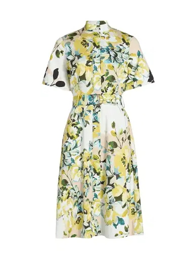Teri Jon by Rickie Freeman Women's Floral Cotton Belted Shirtdress - Yellow Multi - Size 16 | Thumbnail 1