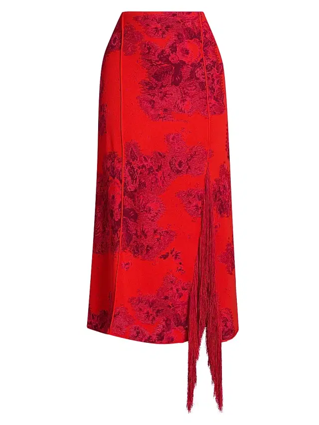Women's French Floral Frayed Jacquard Midi-Skirt - Tulip Red