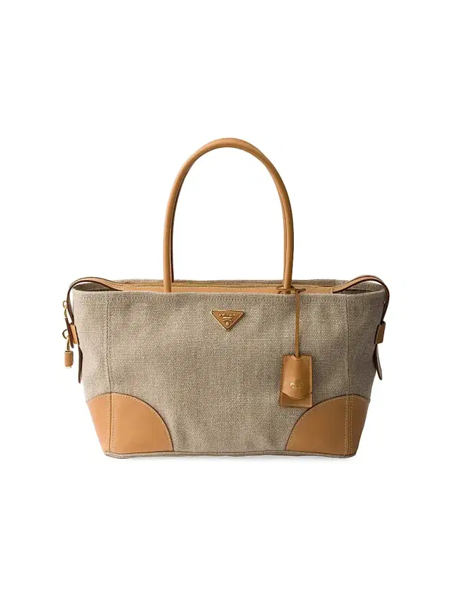 Prada Women's  Linen and Leather Tote Bag - Beige Khaki