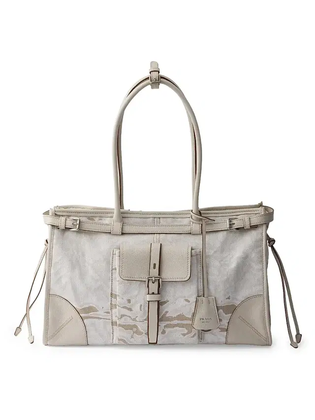 Prada Women's Bonnie  Printed Linen and Leather Top Handle Bag - White