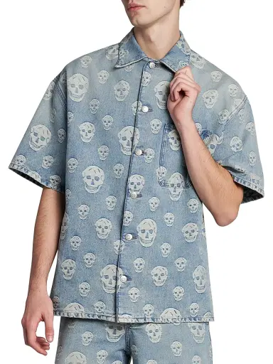 Alexander McQueen Men's Skull Denim Camp Shirt - Blue Washed - Size 44 | Thumbnail 3 Alexander McQueen Men's Skull Denim Camp Shirt - Blue Washed - Size 44 | Thumbnail 3
