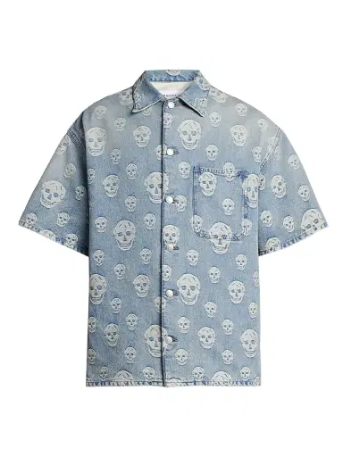 Alexander McQueen Men's Skull Denim Camp Shirt - Blue Washed - Size 44 | Thumbnail 1 Alexander McQueen Men's Skull Denim Camp Shirt - Blue Washed - Size 44 | Thumbnail 1