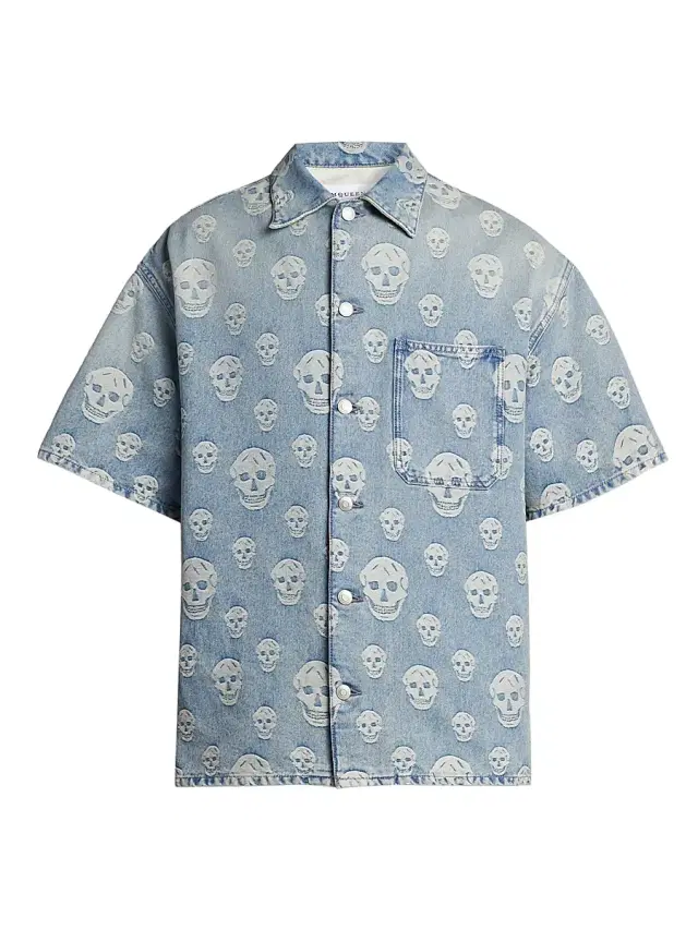 McQueen Men's Skull Denim Camp Shirt - Blue Washed