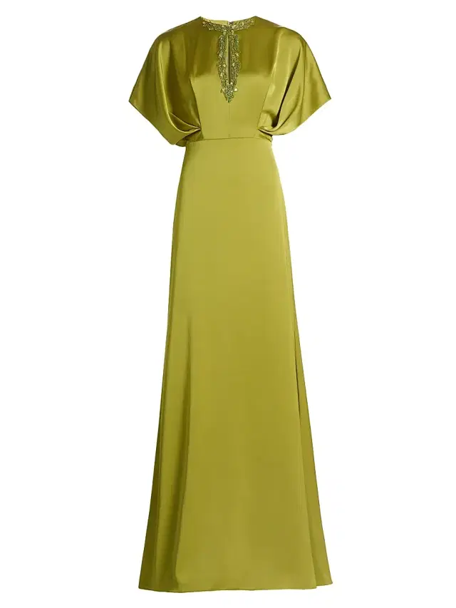 Theia Women's Fern Draped Satin Keyhole Gown - Peridot