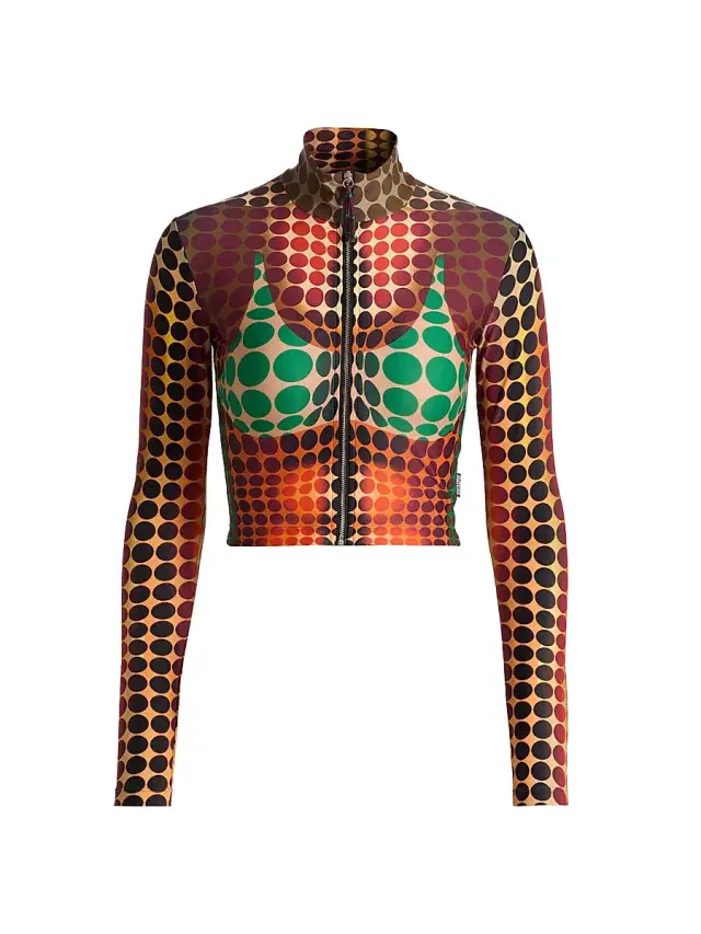 Women's Dot-Print Long-Sleeve Crop Top - Orange Blue Brown