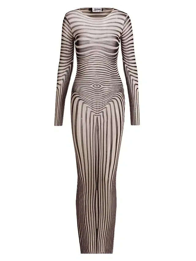 Jean Paul Gaultier Women's Striped Knit Long Sleeves Maxi Dress - Ecru Navy
