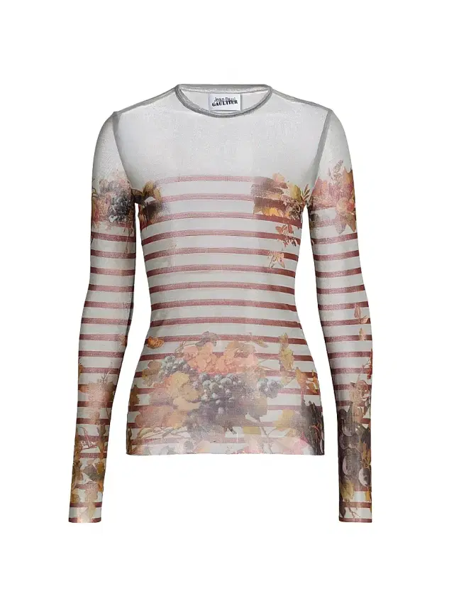 Women's Printed Mesh Long-Sleeve Top - Light Blue Multicolor