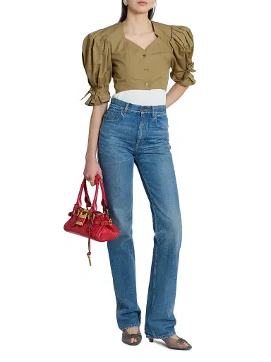 Chloé Women's Puff-Sleeve Cotton Crop Top - Amber Olive | Thumbnail 2