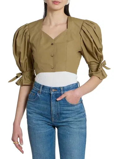 Chloé Women's Puff-Sleeve Cotton Crop Top - Amber Olive | Thumbnail 3