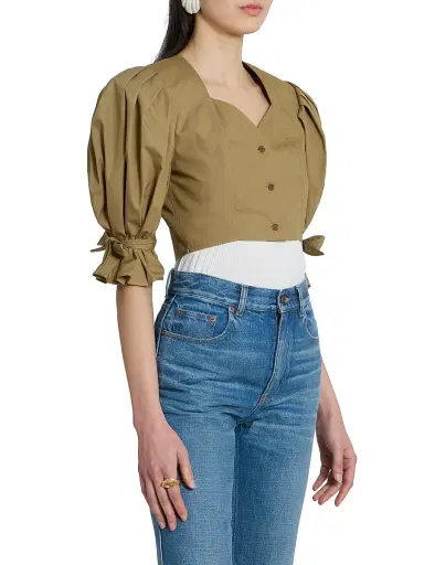 Chloé Women's Puff-Sleeve Cotton Crop Top - Amber Olive | Thumbnail 4
