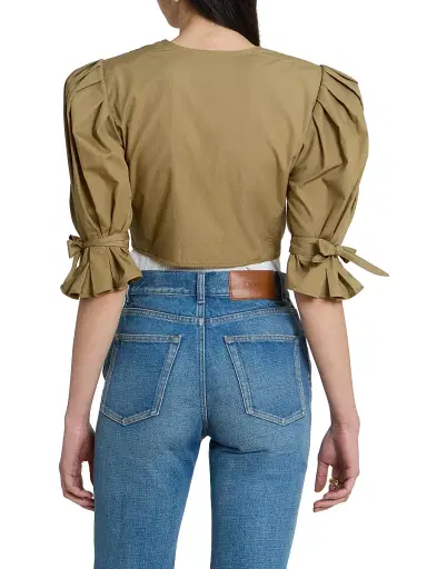 Chloé Women's Puff-Sleeve Cotton Crop Top - Amber Olive | Thumbnail 5
