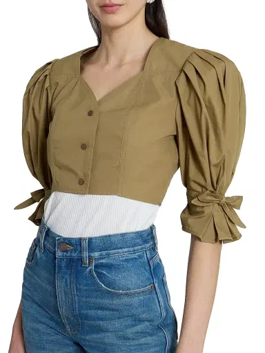 Chloé Women's Puff-Sleeve Cotton Crop Top - Amber Olive | Thumbnail 6