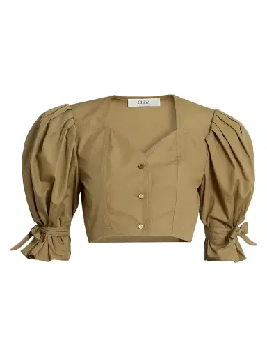Chloé Women's Puff-Sleeve Cotton Crop Top - Amber Olive | Thumbnail 1