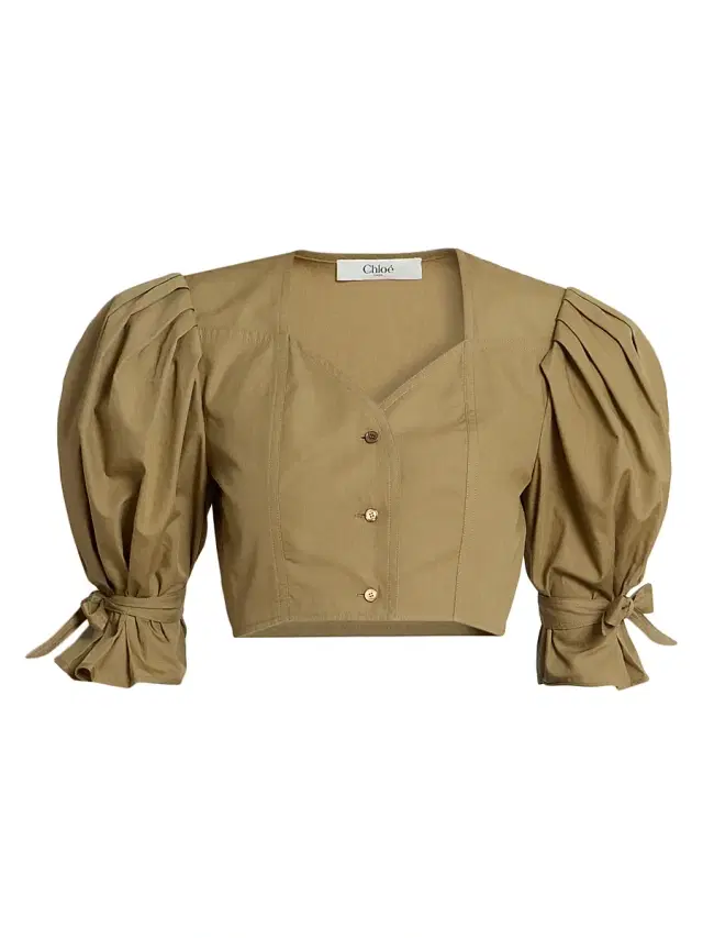 Chloé Women's Puff-Sleeve Cotton Crop Top - Amber Olive