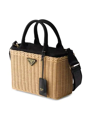 Prada Women's Medium Wicker and Canvas Tote Bag - Black Khaki | Thumbnail 2