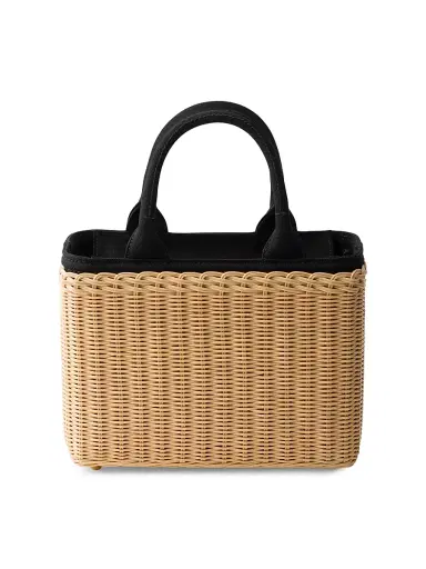 Prada Women's Medium Wicker and Canvas Tote Bag - Black Khaki | Thumbnail 3