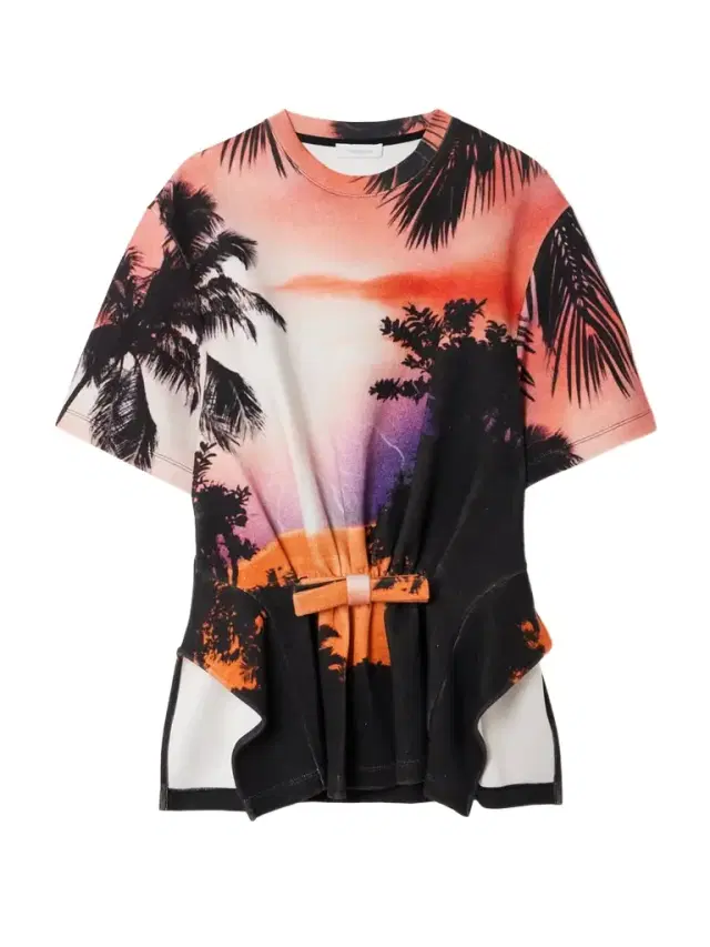 Bow-detailed Printed Gathered Jersey T-shirt