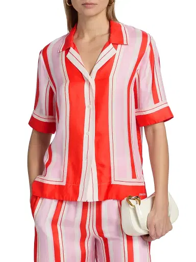 SIMKHAI Women's Koda Striped Silk-Blend Short-Sleeve Shirt - Tulip Stripe | Thumbnail 3