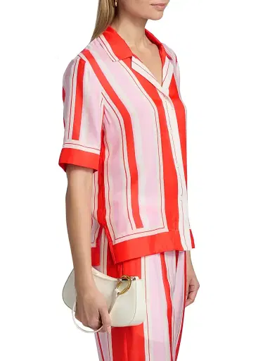SIMKHAI Women's Koda Striped Silk-Blend Short-Sleeve Shirt - Tulip Stripe | Thumbnail 4