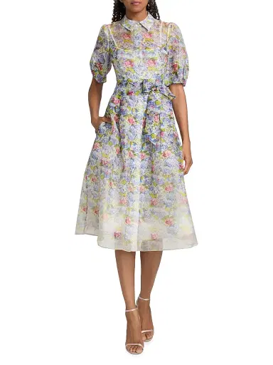 Teri Jon by Rickie Freeman Women's Floral Silk-Linen Puff-Sleeve Shirtdress - Purple Multi - Size 16 | Thumbnail 2