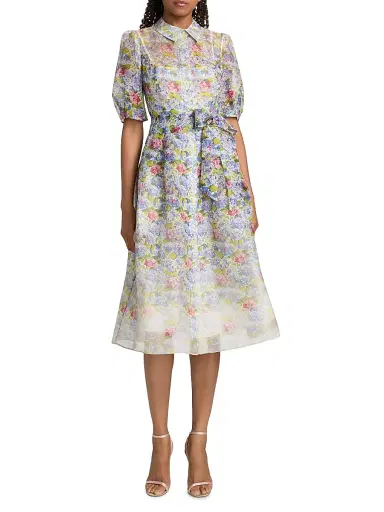 Teri Jon by Rickie Freeman Women's Floral Silk-Linen Puff-Sleeve Shirtdress - Purple Multi - Size 16 | Thumbnail 3