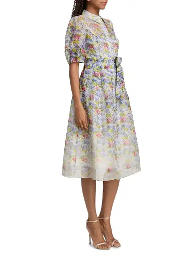 Teri Jon by Rickie Freeman Women's Floral Silk-Linen Puff-Sleeve Shirtdress - Purple Multi - Size 16 | Thumbnail 4