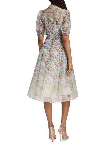 Teri Jon by Rickie Freeman Women's Floral Silk-Linen Puff-Sleeve Shirtdress - Purple Multi - Size 16 | Thumbnail 5