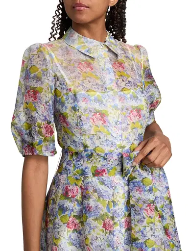 Teri Jon by Rickie Freeman Women's Floral Silk-Linen Puff-Sleeve Shirtdress - Purple Multi - Size 16 | Thumbnail 6
