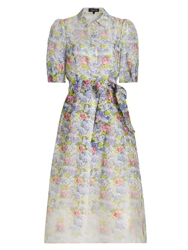 Teri Jon by Rickie Freeman Women's Floral Silk-Linen Puff-Sleeve Shirtdress - Purple Multi - Size 16 | Thumbnail 1