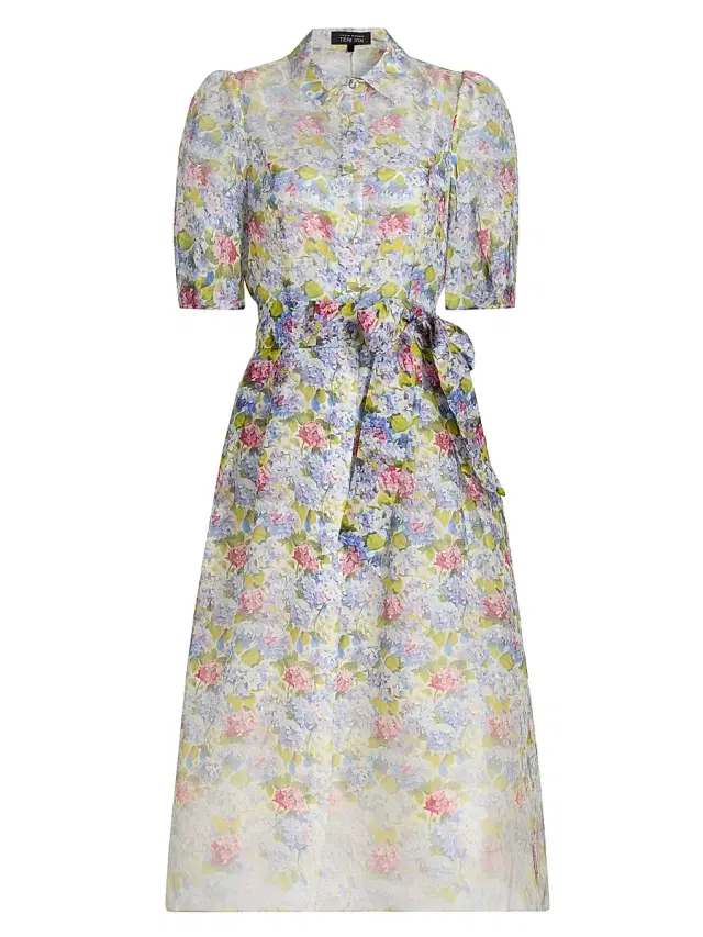 Teri Jon by Rickie Freeman Women's Floral Silk-Linen Puff-Sleeve Shirtdress - Purple Multi