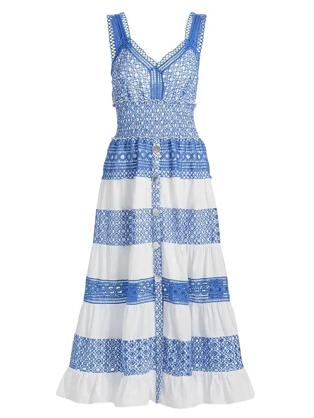 Milly Women's Eyelet-Trim Striped Cotton Midi-Dress - White Blue
