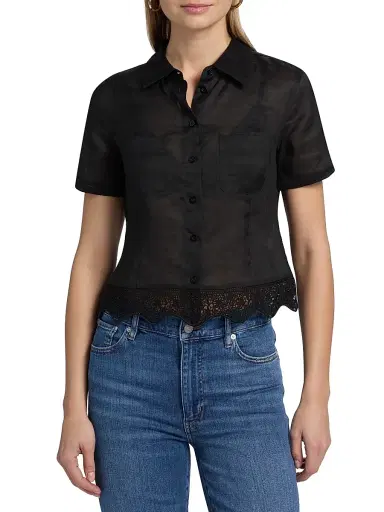 Frame Women's The Embroidered Seaside Lace-Trim Button-Front Shirt - Black - Size Large | Thumbnail 3