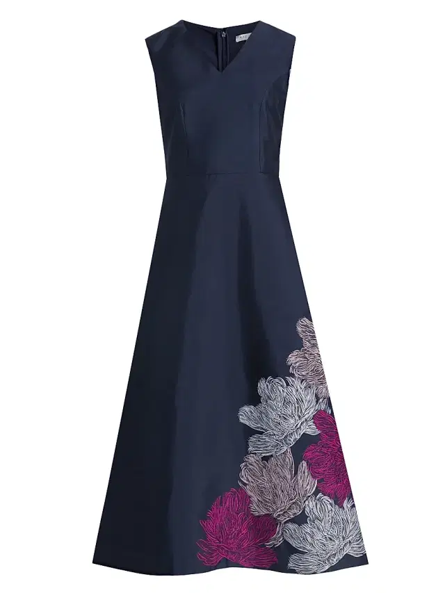 Kay Unger Women's Aria Floral Tea-Length Cocktail Dress - Dark Navy