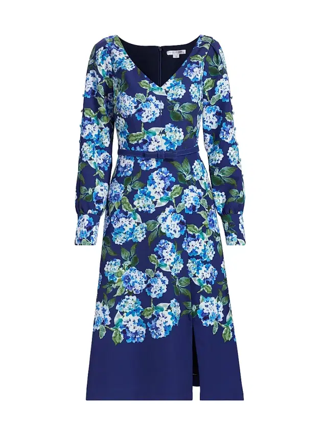 Kay Unger Women's Briony Hydrangea Stretch Crepe Belted Midi-Dress - Deep Navy