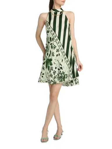 VERANDAH Women's Pushpanjali Bias Print Minidress - Ivory Emerald Palm Mono Panel - Size Large | Thumbnail 2