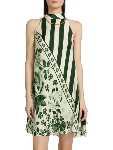 VERANDAH Women's Pushpanjali Bias Print Minidress - Ivory Emerald Palm Mono Panel - Size Large | Thumbnail 3