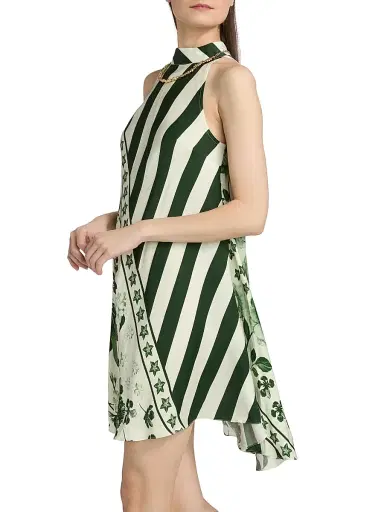 VERANDAH Women's Pushpanjali Bias Print Minidress - Ivory Emerald Palm Mono Panel - Size Large | Thumbnail 4