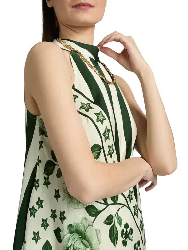 VERANDAH Women's Pushpanjali Bias Print Minidress - Ivory Emerald Palm Mono Panel - Size Large | Thumbnail 6