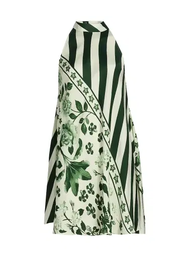 VERANDAH Women's Pushpanjali Bias Print Minidress - Ivory Emerald Palm Mono Panel - Size Large | Thumbnail 1