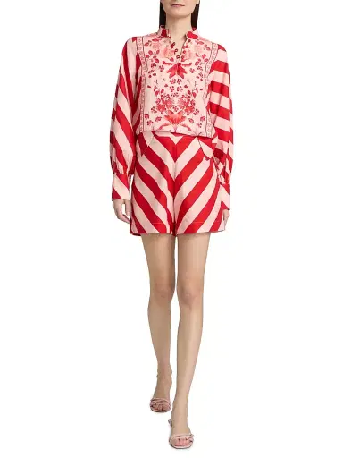 VERANDAH Women's Pushpanjali Printed Linen-Cotton Tunic Blouse - Blush And Red Palm Mono Panel - Size Large | Thumbnail 2