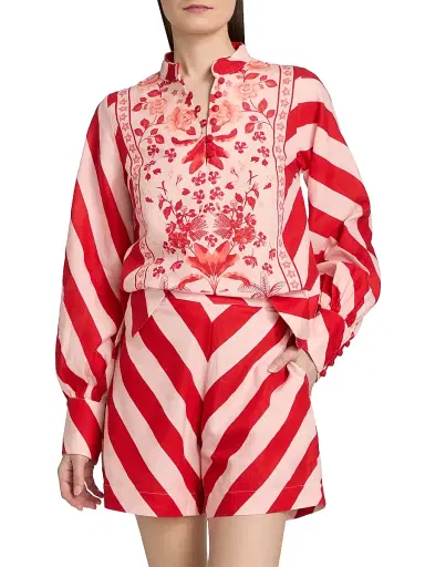 VERANDAH Women's Pushpanjali Printed Linen-Cotton Tunic Blouse - Blush And Red Palm Mono Panel - Size Large | Thumbnail 3