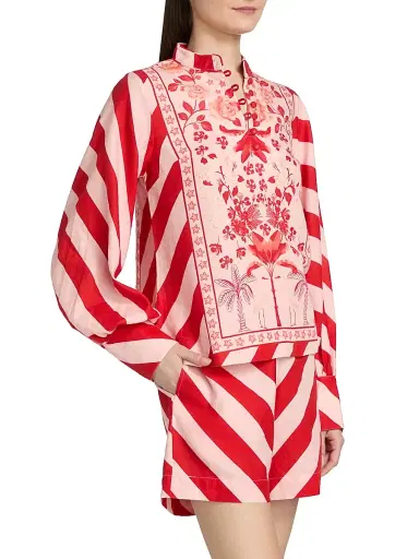 VERANDAH Women's Pushpanjali Printed Linen-Cotton Tunic Blouse - Blush And Red Palm Mono Panel - Size Large | Thumbnail 4