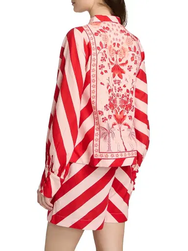 VERANDAH Women's Pushpanjali Printed Linen-Cotton Tunic Blouse - Blush And Red Palm Mono Panel - Size Large | Thumbnail 5